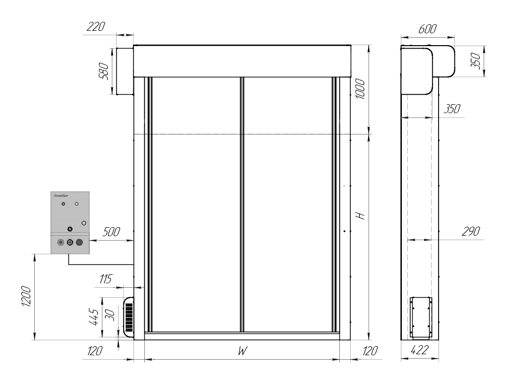 Общий вид ворот с приводом сбоку (привод слева / привод справа) с системой подогрева