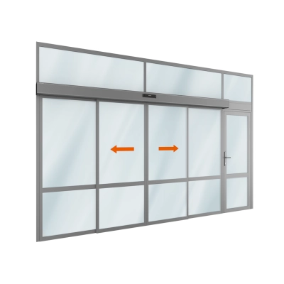 Комплект автоматической раздвижной двери (две подвижные, две неподвижные, одна распашная створки и фрамуга сверху) для привода AD-S